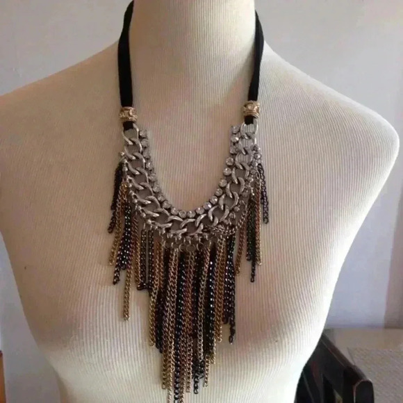Womens Black and Gold Multi-chain Galore Fringe Statement Necklace - Picture 6 of 15